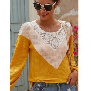 Summer Lace Colorblock Waffle Knit Top